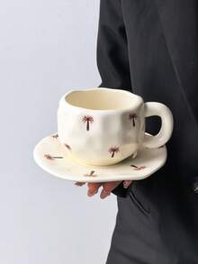 1pc Handpainted Coconut Tree Ceramic Cup & Saucer Set - Thick Handle, Detailed Texture, Essential For Coffee Lovers, Suitable For Breakfast, Afternoon Tea, Office Use, Great Gift Choice - Apricot - View 11