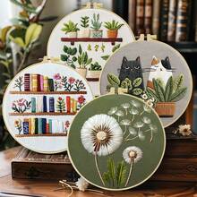 Adult Beginner Embroidery Kit 15x15cm/5.9in Or 20x20cm/7.9in, Patterns: Cat, Plants, Dandelion And Bookshelf, Includes Fabric, Guide, Embroidery Hoop, Needles And Threads, Suitable For Thanksgiving/Christmas Gift, Home, Garden Or Office Decor - A - View 2