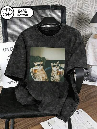 Nueva camiseta casual de talla grande para mujer con lavado vintage, con un estampado divertido de gato y cuello redondo; un top negro de verano perfecto para el estilo callejero diario