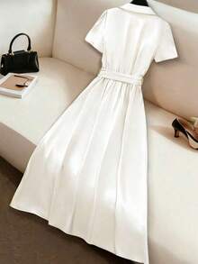 MEXGlowEve Vestido midi elegante de unicolor de manga corta para uso diario de mujerMEX WKQZ - Albaricoque - Ver 2