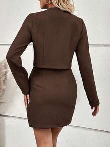 MEXSHEIN ChicEase Conjunto de 2 piezas de chaqueta corta abotonada de tweed elegante y falda mini para mujer, adecuado para el trabajo y el uso casual, otoñoMEX DNAK - Marrón - Ver 2