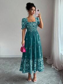 Vestido casual/de trabajo de manga corta con cuello cuadrado y cintura ceñida en línea A con estampado para mujer - Agua verde azul - Ver 12
