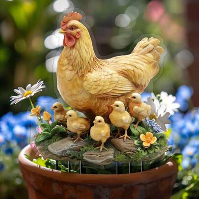 2D Acrylic Hen Mother And Baby Chicks Garden Stake, Waterproof And Wear-Resistant Yard/Lawn Hanging Decor