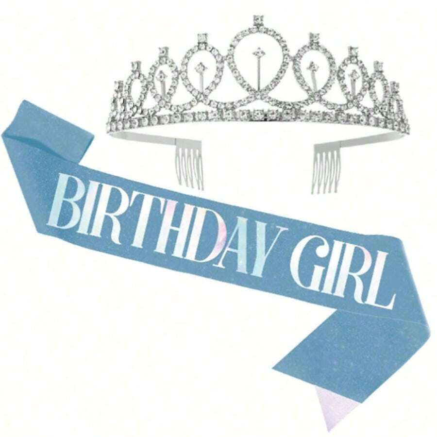 2pcs/Set Bling Rhinestone Crystal Crown Tiara Birthday Decoration Birthday Satin Sash Party Supplies