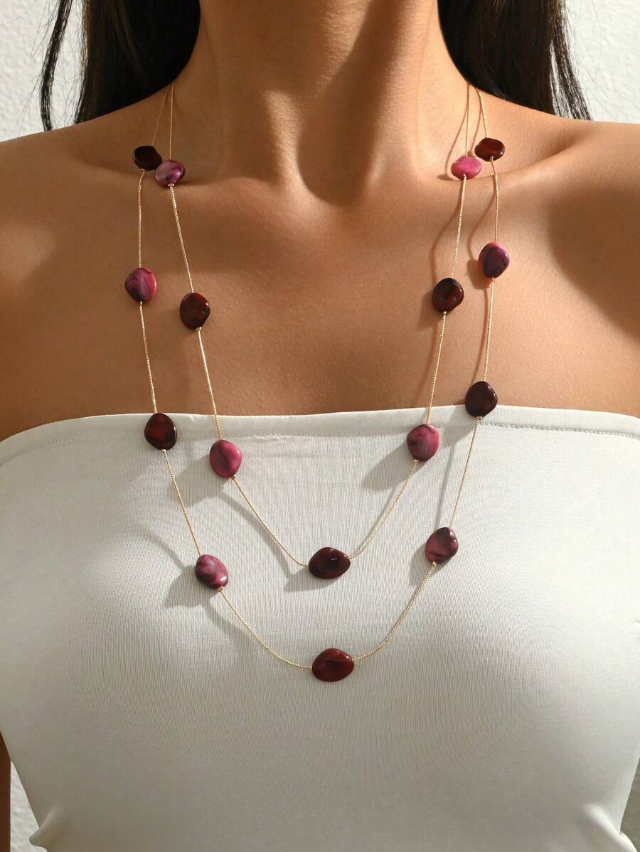 1pc Fashionable Bohemian Style Resin Bead & Metal Chain Multi-Layer Necklace, Elegant Teardrop Double-Layer Necklace, Versatile Minimalist Luxury Jewelry Gift For Women, Suitable For Daily Wear, Valentine's Day, Thanksgiving, Friends - Multicolor - View 1