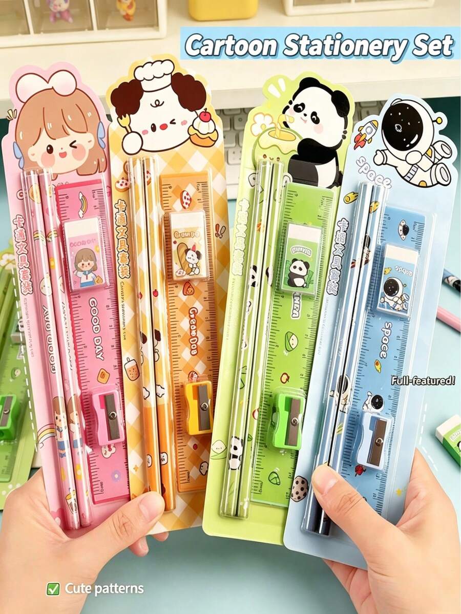 20PCS/4 Sets Cartoon Pencil Stationery Set, Small Gift Student Souvenir, Student 5-Piece/Set Wholesale, Suitable For Back To School Gift, Enrollment Souvenir, Graduation Small Gift, Classroom Student Reward, Classroom Evaluation Small Prize - Sets - View 1