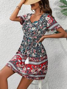 Vestido de verano casual y de vacaciones con estampado floral y manga corta para mujer - verde menta - Ver 10