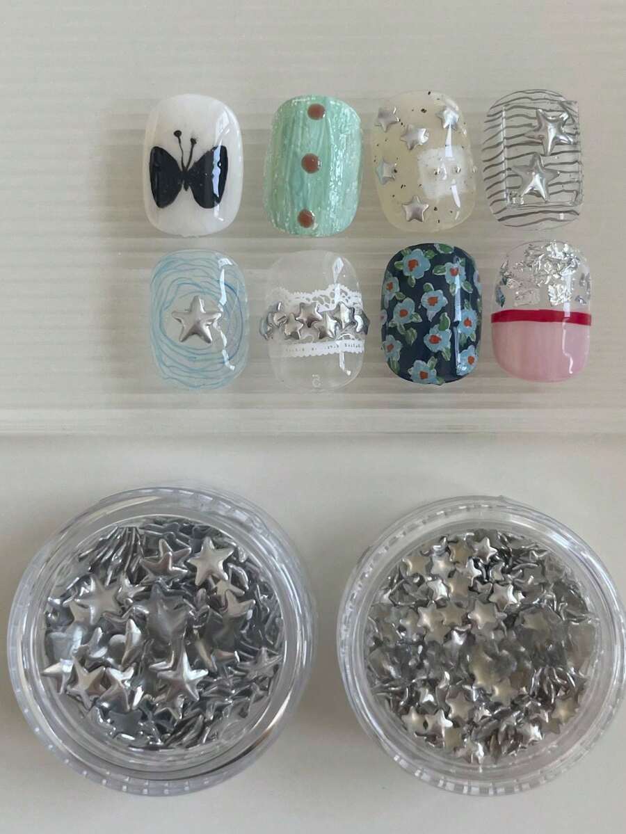 1盒新款銀色星星鉚釘美甲裝飾，多尺寸金屬五角星美甲飾品，精緻時尚韓系美甲沙龍裝飾美甲配件 - 彩色 - 查看 1