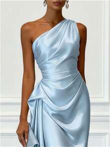 Elegant Satin Pleated Figure-Hugging Evening Gown For Women Chic And Premium V-Neck Midi Dress - Xanh da trời - Xem 2