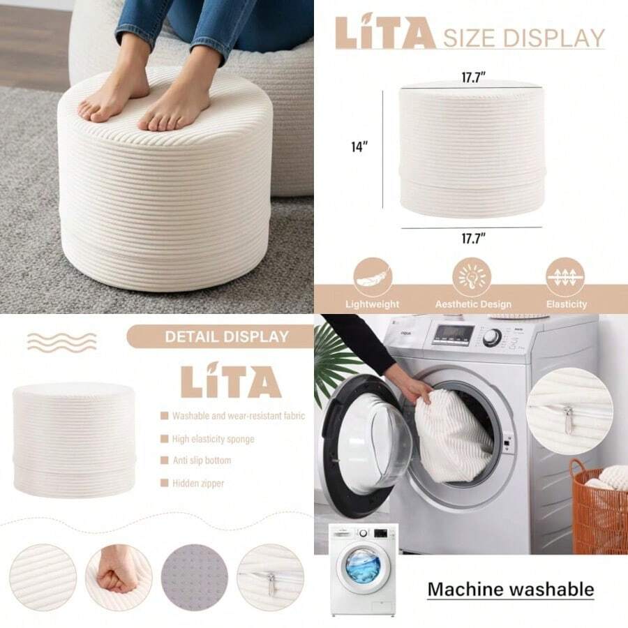 LITA - Puf otomano redondo de relleno pufs de terciopelo con relleno de espuma de alta densidad y cubierta lavable puf peludo y esponjoso otomano para sala de estar recámara oficina color beige - Terciopelo beige - Ver 1