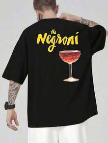 Negroni Cocktail Pattern T-Shirt 100% Cotton Relaxed Fit Comfortable Urban Hip-Hop Style Eye-Catching Print Double-Sided Print - 黑色 - 查看 3