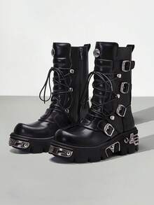 AYUSTONG Women's Y2K Style Punk Rock Platform Combat Boots, Chunky Heel Design, Thick Sole, Decorated With Rivets And Zipper Buckle, Solid Color Lace-Up Mid-Calf Boots, Non-Slip Rubber Sole, Comfortable Low-Top Round Toe Style With Thick Sole - Black - View 7