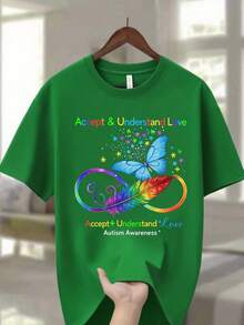 Unisex Crew Neck T-Shirt In Navy Blue, Made From 100% Cotton And Weighing 220g, With A Vibrant Design For Autism Awareness That Says 'Accept And Understand Love' With Multicolored Butterflies And Rainbow Feathers. - 綠色 - 查看 6