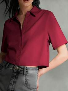 Conjunto de verano para mujer, camisa casual asimétrica con botones para mujer, moda y ocio - Burdeos - Ver 5