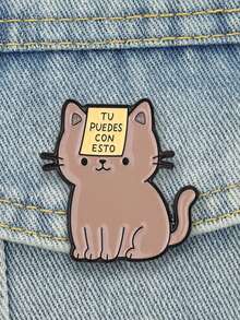 1pc "TU PUEDES CON ESTO" Cute Cat Enamel Brooch, Creative Spanish Inspirational Quote Decorative Badge, Fashion Accessory, Gift For Friends - Multicolor - View 4
