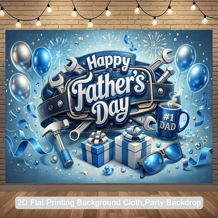 BJ2D Flat Father's Day Party Banner Background, Father's Day Theme, Featuring Wrenches, Hammers, Tools, Blue And Silver Balloons, Gift Boxes,#1 DAD Mug, Sunglasses, And Firework Ribbon Elements, Made Of Polyester Material, Can Be Used Without A Power Source, Suitable For Indoor And Outdoor Father's Day Celebrations. It Can Serve As A Multi-Functional Wall Decoration And Photo Backdrop, Suitable For Family Gatherings, Office Events, Outdoor Parties, Studio Arrangements, And Holiday Gift Giving. The Material Is Lightweight And Easy To Hang, Creating A Strong Decorative Atmosphere With A Striking And Elegant Style - 91*61IN/230*150CM - View 1