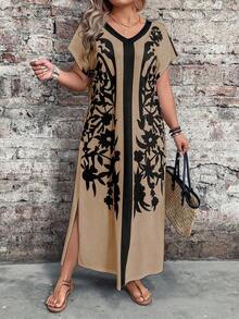 Vestido de mujer de talla con estampado floral bohemio de manga corta y cuello en V para primavera y verano, con diseño de bajo dividido, para uso casual y de vacaciones - Multicolor 3 - Ver 5