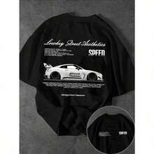 Camiseta de manga corta casual suelta de cuello redondo con estampado de coche de carreras y eslogan para hombres GQTV GQQH - Negro - Ver 1