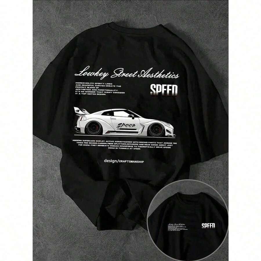 Camiseta de manga corta casual suelta de cuello redondo con estampado de coche de carreras y eslogan para hombres GQTV GQQH - Negro - Ver 1