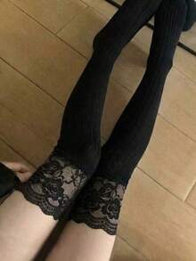 1雙女款（適合60kg以下）黑色拼接蕾絲飾邊百搭舒適大腿襪，日常穿著，美感設計 - 黑色 - 查看 1