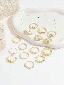 15pcs Vintage Gold Rhinestone Rings, Fashion Versatile Baroque Faux Pearl Crystal Ring Set For Women - Gold - View 5