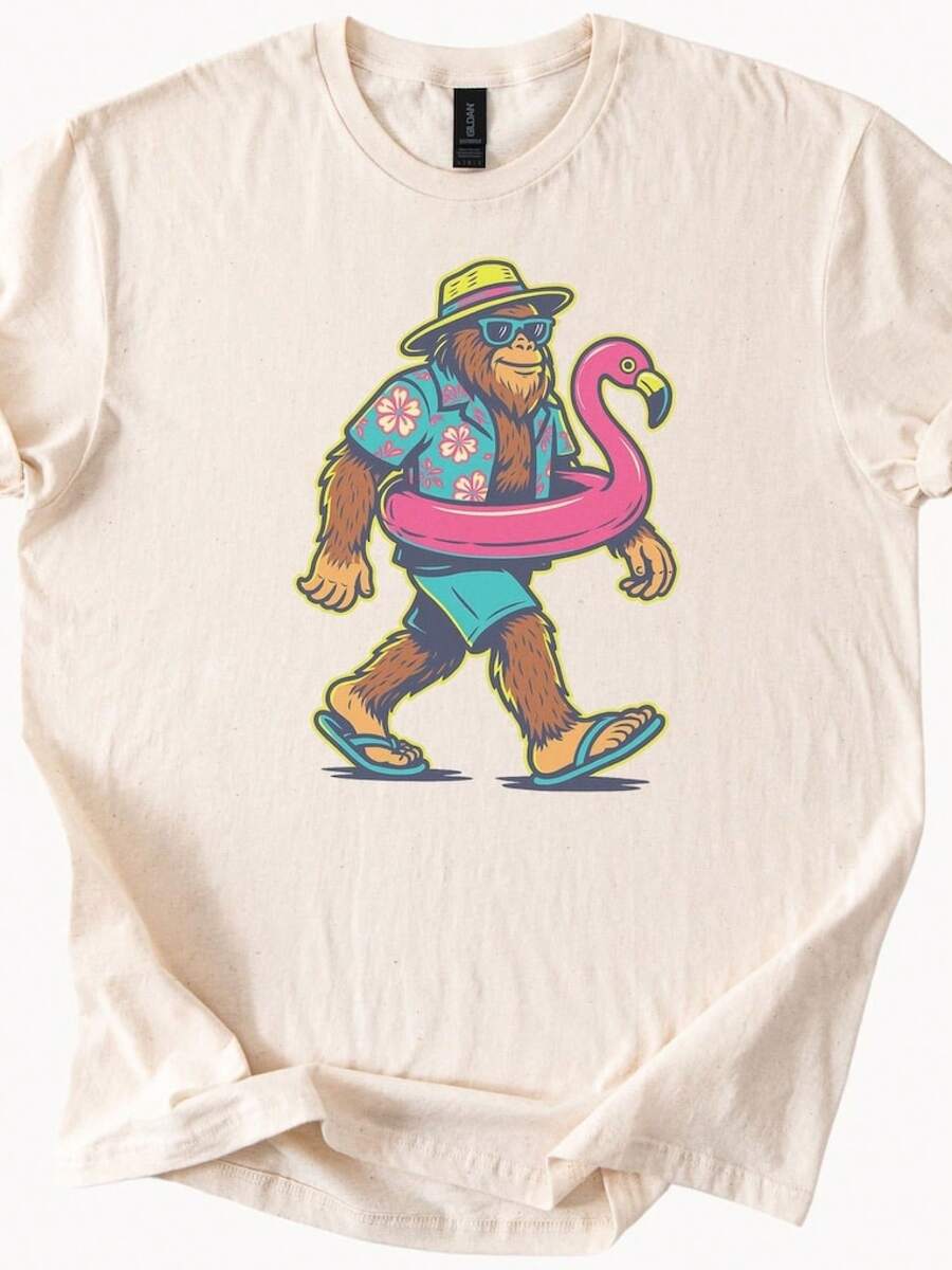 Camiseta de Verano Bigfoot, Camisa Hawaiana Sasquatch Flamingo, Divertida Camiseta Gráfica de Criptidios para Playa, Idea de Regalo para Amantes de las Actividades al Aire Libre - Negro - Ver 1