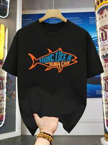 Fun shark graphic print men's t-shirt, 100% cotton, hip-hop street style, comfortable, durable, great impact print. - Preto - Ver 2