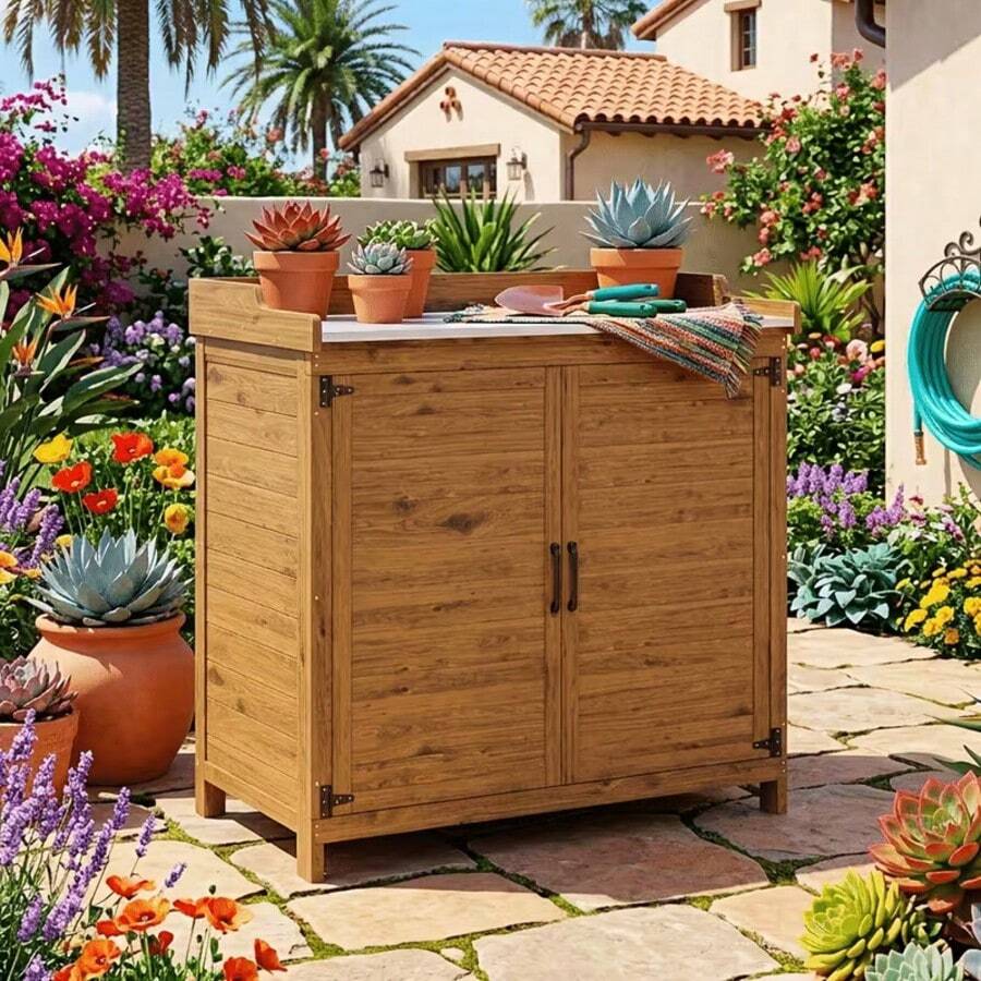 Lofka Outdoor Furniture Outdoor Potting Bench, Garden Herramientas Tools Potting Bench Table, With Metal Tabletop, Outdoor Garden Patio Wooden Herramientas Tools Storage Cabinet, With Adjustable Shelf, Double Doors, Garden Herramientas Tools Workstation For Backyard, Garden, Patio, Lawn