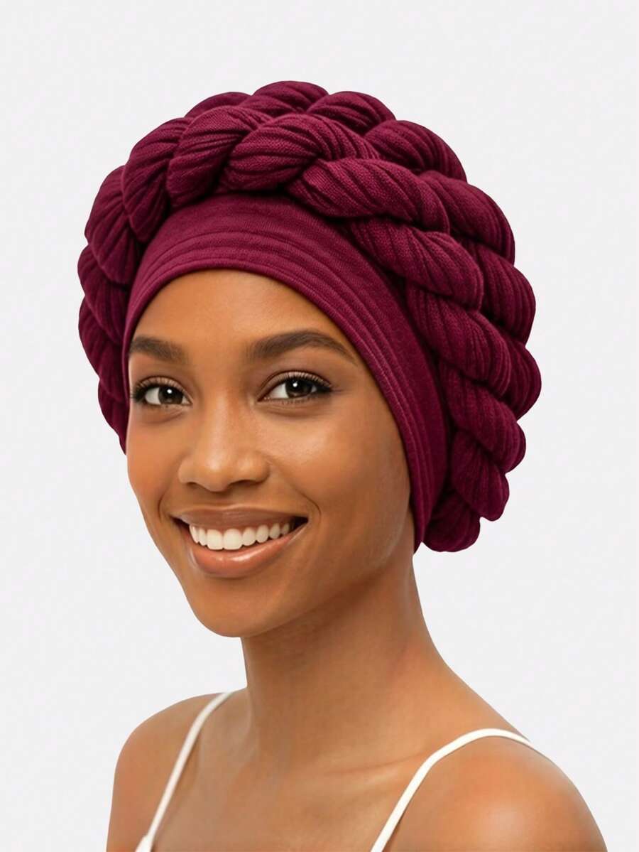1pc Women's African Style Handmade Double Braided Turban Hat, Suitable For Daily Use - Burgundy - View 1