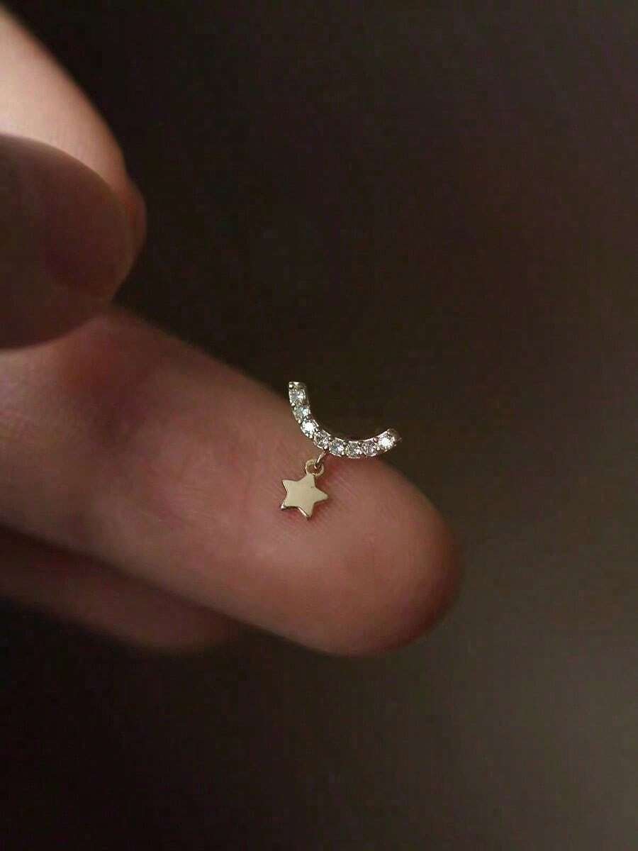 1對925純銀立方氧化鋯弧形星星耳釘,可愛極簡優雅耳環,韓系新風 - 星星 - 查看 1