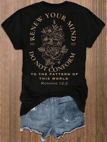 Camiseta de Mujer con Diseño Cristiano |   "Diseño 'No Es De Este Mundo' Romanos 12:2, Camiseta Casual Negra de Manga Corta y Cuello Redondo, Elasticidad Media, Ropa de Fe Lavable para Todas las Temporadas, Inspiración Religiosa, Ropa Inspiradora" |   Camiseta Frank Statement - Negro - Ver 7