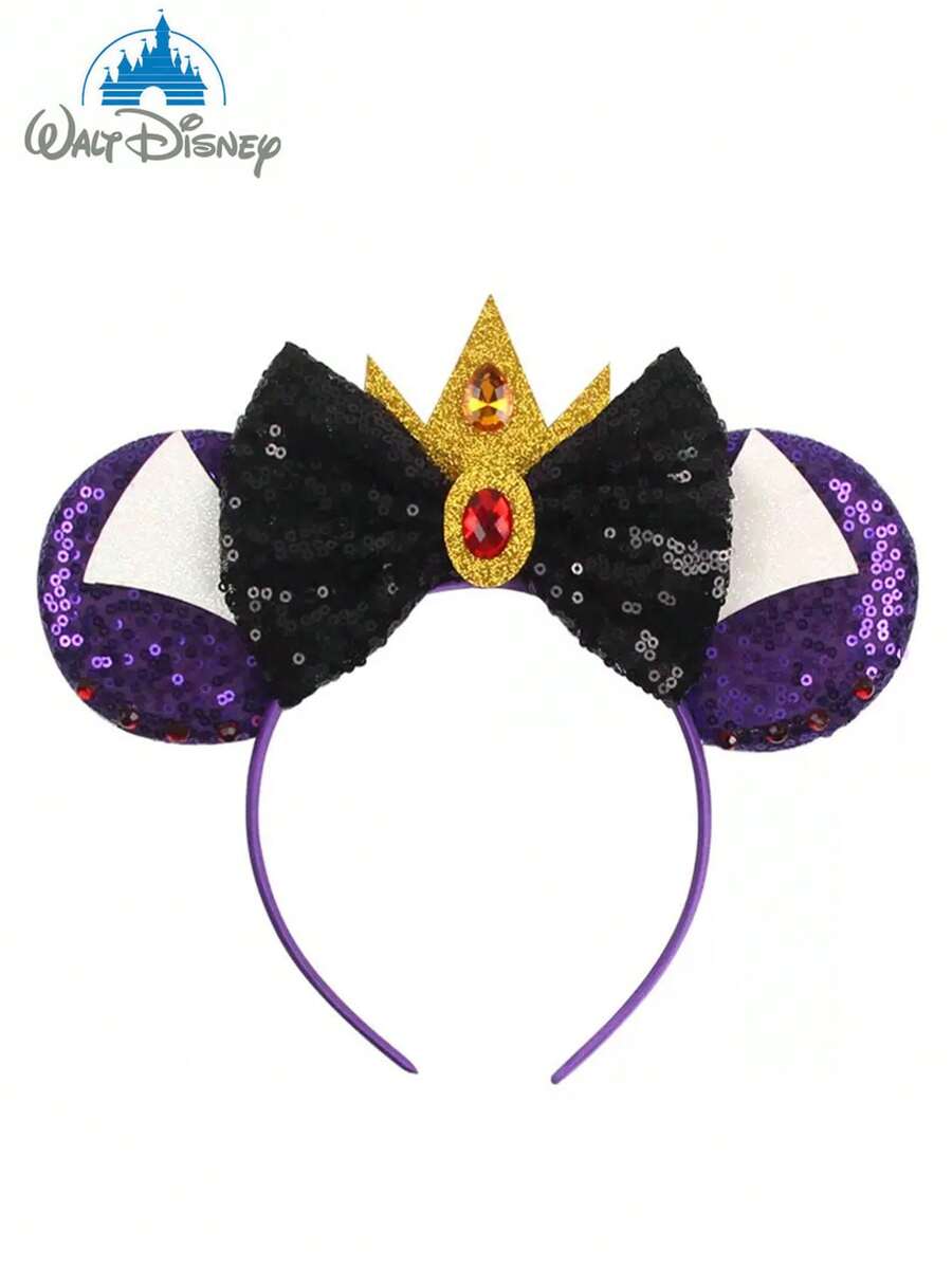 Disney, 1pc Evil Queen Themed Headband Headband. The Design Includes A Black Sparkly Bow Paired With Minnie Mouse Earrings. This Gorgeous Cartoon Headband For Girls Is Perfect For School Parties, Costume Parties, Cosplay, And Theme Parks, Making It An Ideal Gift For Any Occasion. This Minnie Mouse Earring Headband With Bow Is Suitable For Girls And Women And Is A Wonderful Valentine's Day Gift For Your Partner. (Hair Accessories, Headbands, Hairbands, Women's Headwear) - Multicolor - View 1