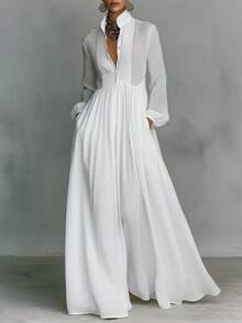 2026 Spring Solid Maxi Dress, High Waist Flowy Swing Gown, Elegant Outfit For Party Date Vacation Daily Wear - 白色 - 查看 1