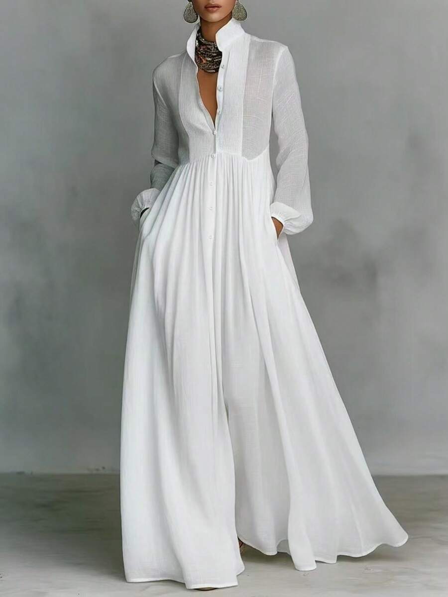 2026 Spring Solid Maxi Dress, High Waist Flowy Swing Gown, Elegant Outfit For Party Date Vacation Daily Wear - 白色 - 查看 1