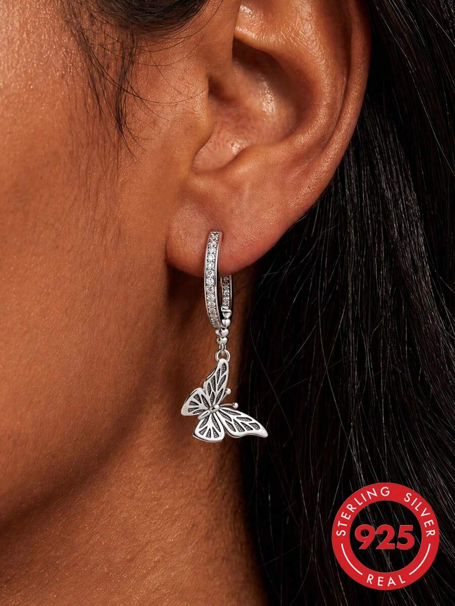 1 đôi bông tai đính đá nơ đinh tán cho nữ, bông tai bạc sterling 925 tinh tế, quà tặng trang sức thanh lịch cho bạn gái - Bướm đinh tán - Xem 1