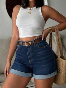 Washed Denim High Waist Fitted Cuffed Shorts, Summer Casual - Blue - View 8