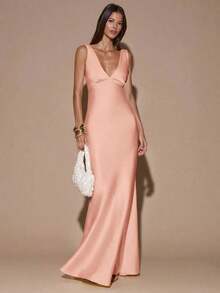 dfgSHEIN  Vestido de tirantes con escote en V profundo y espalda descubierta, de unicolor amarillo/crema, de estilo minimalista y sexy, adecuado para fiestas, cócteles, ocasiones formales, dama de honor, cumpleaños, Navidad y casual de negociosafd KGKB - Naranja Coral - Ver 4
