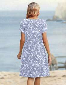 ,Flower Dress Women,2026 Women's Summer Casual Floral V-Neck A-Line T-Shirt Mini Dress Short Sleeve With Pockets Beach Sundress,Casual Summer Dress, S - 灰藍白色 - 查看 5