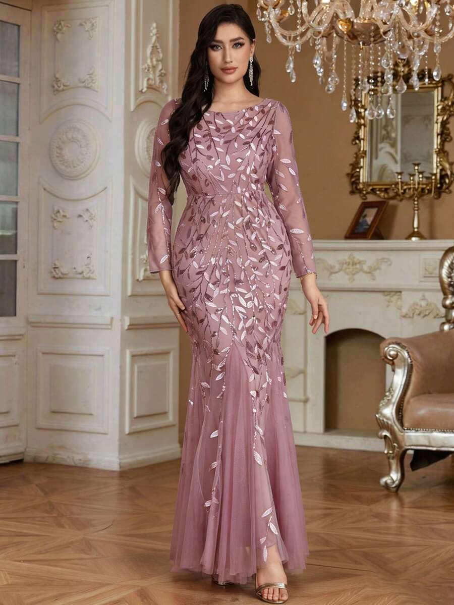 Đầm dạ hội dài tay dáng đuôi cá thanh lịch dành cho nữ mùa hè, phối họa tiết hoa và lưới tương phản, thích hợp dự tiệc, dạ hội, tiệc cưới, tiệc tốt nghiệp, tiệc tối, sinh nhật, tiệc lễ hội. - Bụi hồng - Xem 1