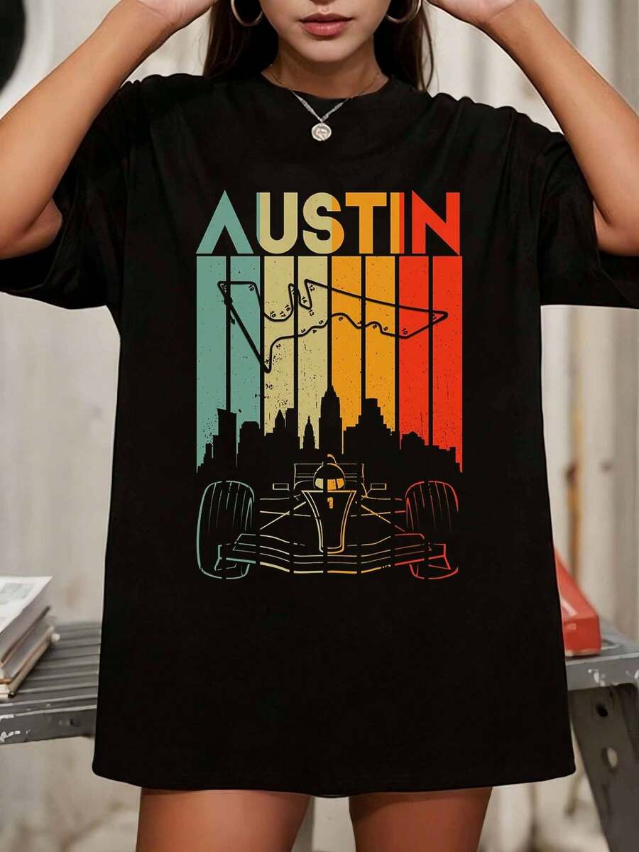 Austin F1 Circuit Map Vintage Sunset Graphic Oversized Black T-Shirt - Black - View 1