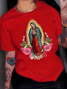 [Flash ] Luminous Figure Of A Traditional Symbol Surrounded By Vibrant Roses, Evoking Spiritual Protection And Eternal Hope With Warm Tones And Fine Details. Elegant, Casual, Comfortable Women's T-Shirt For Everyday Wear. Y2K Style T-Shirt For Women. - 紅色 - 查看 1