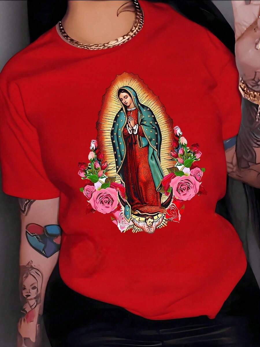 [Flash ] Luminous Figure Of A Traditional Symbol Surrounded By Vibrant Roses, Evoking Spiritual Protection And Eternal Hope With Warm Tones And Fine Details. Elegant, Casual, Comfortable Women's T-Shirt For Everyday Wear. Y2K Style T-Shirt For Women. - 紅色 - 查看 1