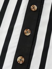Elegant Commuter Style Striped Contrast Button Design Short Sleeve Blouse For Women, Spring/Summer - Black and White - View 5