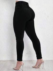 Plus Size Women's High Waist Black Washed Elastic Skinny Long Jeans, Lifting & Shaping Casual Pants Fall - Black - View 4