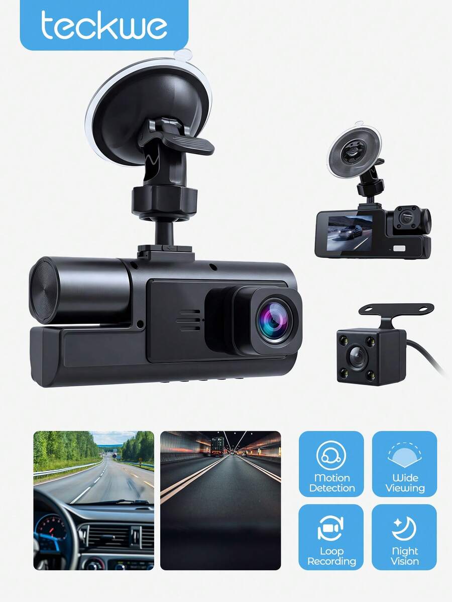 Teckwe 1080P Full HD 3-Channel Dash Camera For Vehicles, Triple Lens Car Dash Cam With Night Vision, Loop Recording, Motion Detection, Wide View, 24h Parking Monitor - C309 - View 1