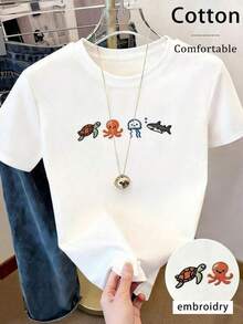 Blusa de MujerResyla Cute Ocean Creature Embroidered Women T-Shirt,Camisetas de mujer, ropa de manga corta para niños, ropa de niña, camisas de niña, camisetas de San Valentín, camisetas de niño, camisas de niño, camisetas estampadas de algodón puro para niños, ropa de cuello redondo con dibujos animados - Blanco - Ver 1