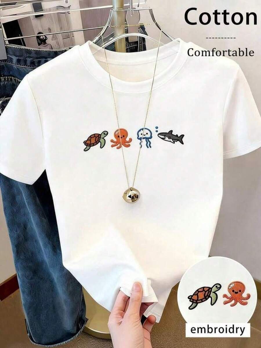 Blusa de MujerResyla Cute Ocean Creature Embroidered Women T-Shirt,Camisetas de mujer, ropa de manga corta para niños, ropa de niña, camisas de niña, camisetas de San Valentín, camisetas de niño, camisas de niño, camisetas estampadas de algodón puro para niños, ropa de cuello redondo con dibujos animados - Blanco - Ver 1