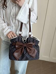 2026 New Retro Polka Dot Large Capacity Fashion Bow Tie Versatile Commuter Chic Shoulder Bag - Black - View 5