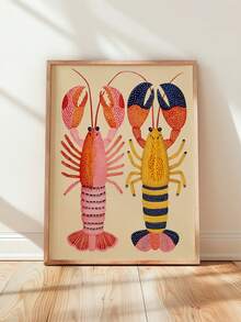 1pc Frameless Stylized Two Lobsters Art Print, Coastal Wall Decor For Bedroom, Dorm, Back To School, Funky Posters, Gift - Shrimp - View 4