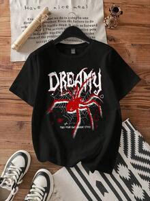 Fashionable Women's Spider Print T-Shirt, A New T-Shirt With A Creative Spider Design, American And Hong Kong Style, With A Fun Green Creature Dressed In Red Christmas Clothes And Hat, Surrounded By Festive Decorations, Printed On A Casual Short Sleeve Round Neck T-Shirt For Women, Modern, With Lettering, Loose Fit, Suitable For Couples. - 3 - 查看 6